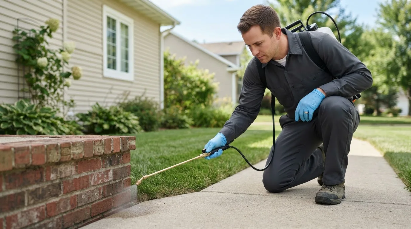 Pest control technician treating a home near Accomac, VA
